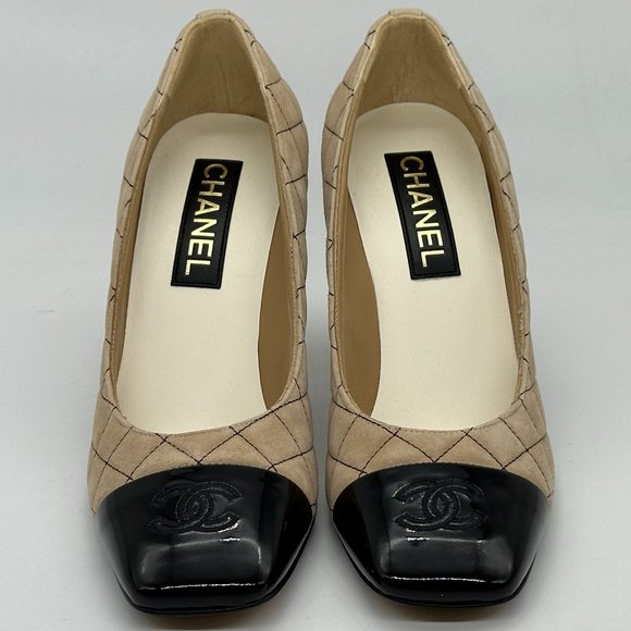CHANEL 22B Quilted Suede Patent Cap Toe Pumps Heels Shoes - Picture 4 of 14